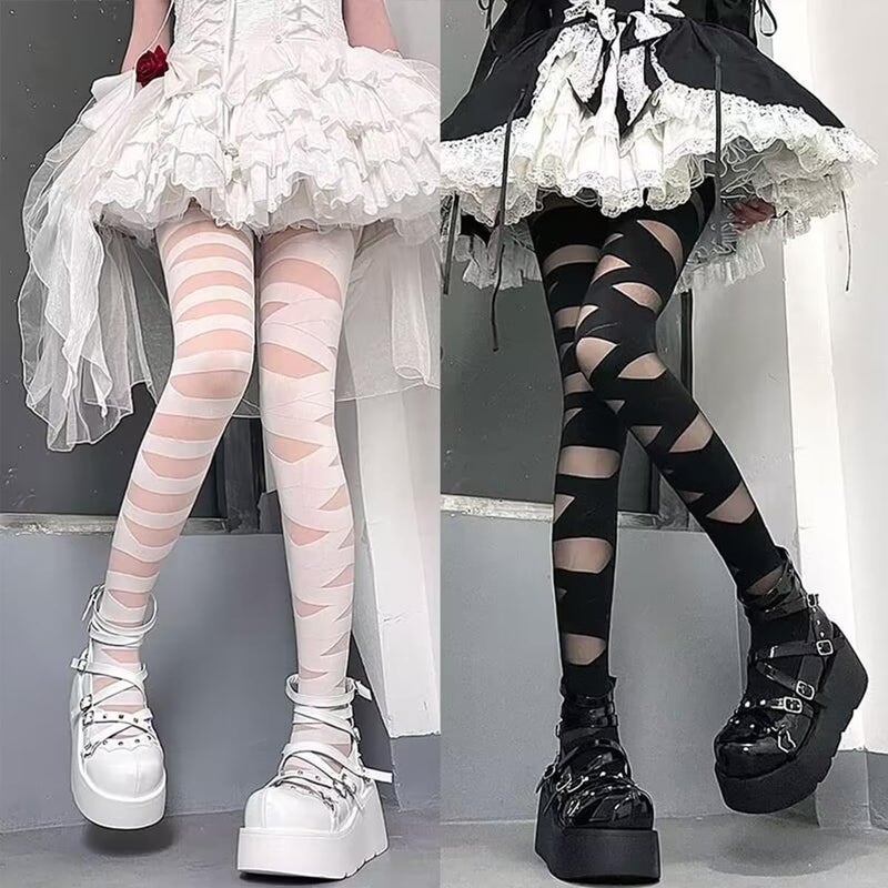 CARALL 2 Pairs Halloween Mummy Tights Gothic Punk Bandage High Stocking Y2k Cross Straps Tights Pantyhose Bandage Hosiery for Women Halloween Masquerade Cosplay Party Costume - Image 3